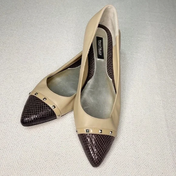 White House Black Market Tan Snakeskin Leather Pointy Toe Flats Shoes 8.5 - Picture 6 of 10